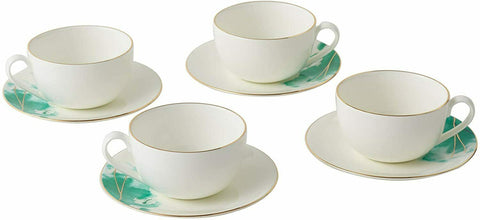 Cup and Saucer Set 4 Watercolour with Gold Banding Premium Porcelain Light Weight 200ml