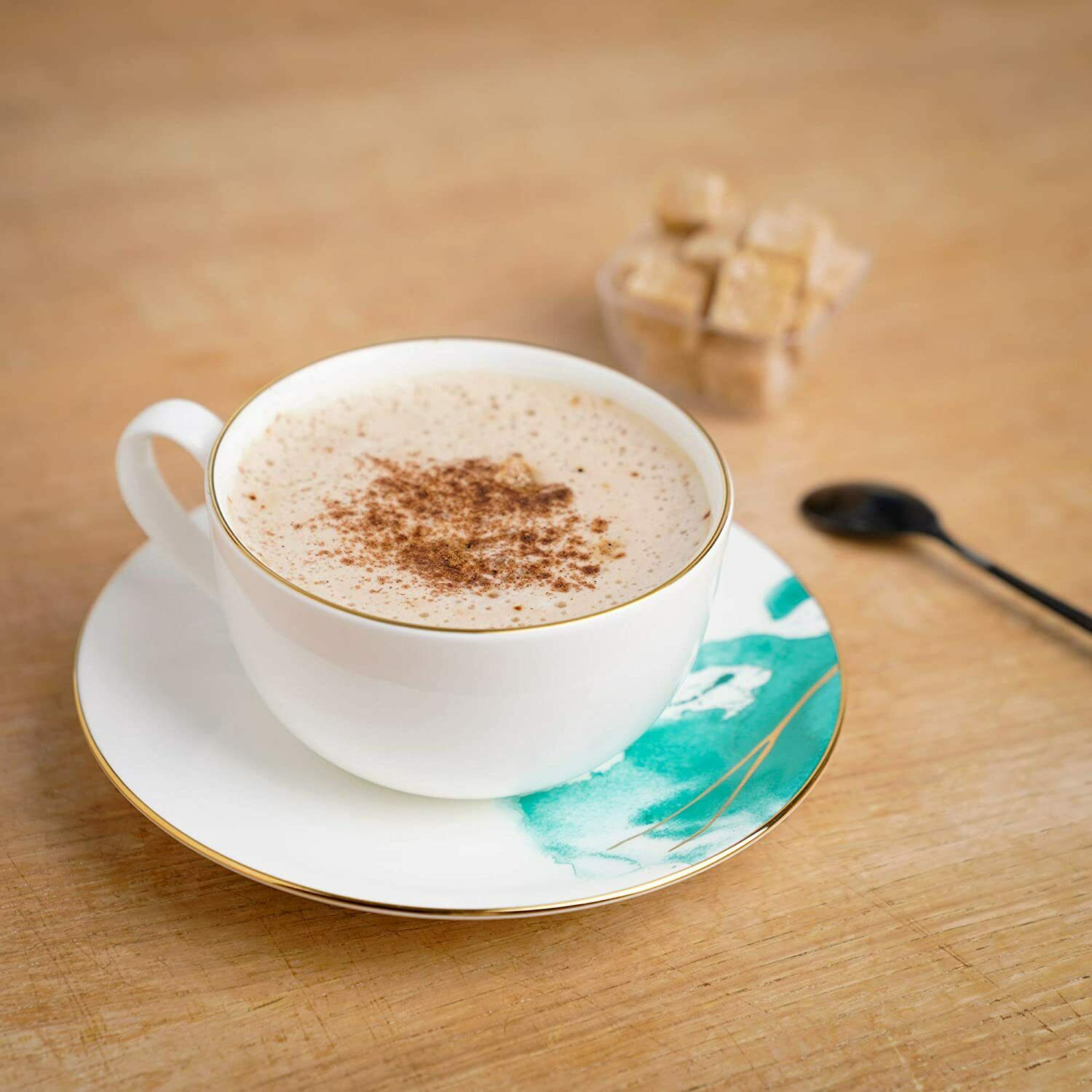 Cup and Saucer Set 4 Watercolour with Gold Banding Premium Porcelain Light Weight 200ml