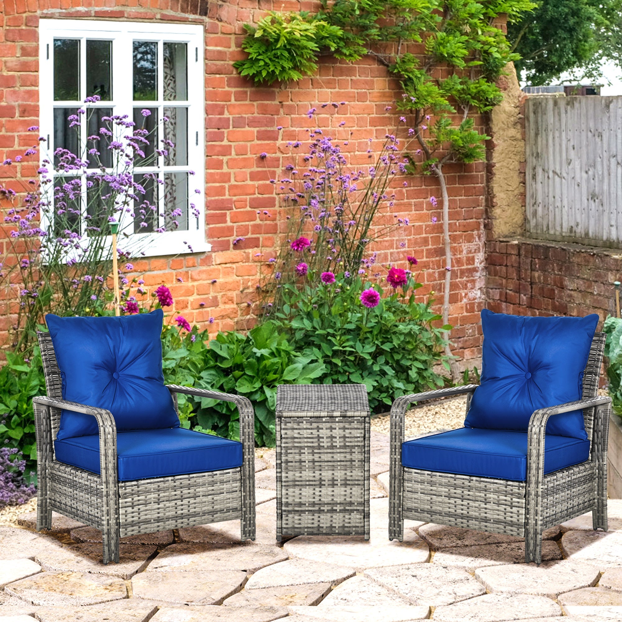 Outsunny 3 Pieces Rattan Bistro Set, Wicker Garden Furniture Set with Storage  Coffee Table and Chairs, Thickened Cushions for Outdoor, Patio, Balcony, Blue