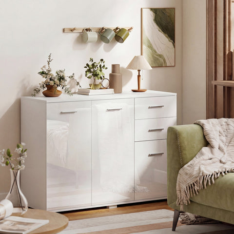 HOMCOM Sideboard, Modern Storage Cabinet with 2 Drawers, 3 Doors and Adjustable Shelves, High Gloss White