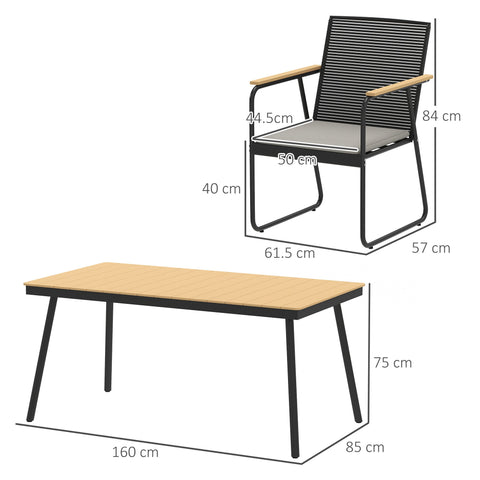 Outsunny 6 Seater Garden Dining Set with Soft Cushions, Rattan Backrest, Rectangular Plastic Top, Garden Furniture Set, Outdoor Dining Table and Chairs for Patio, Balcony, Poolside, Nature Wood Finish