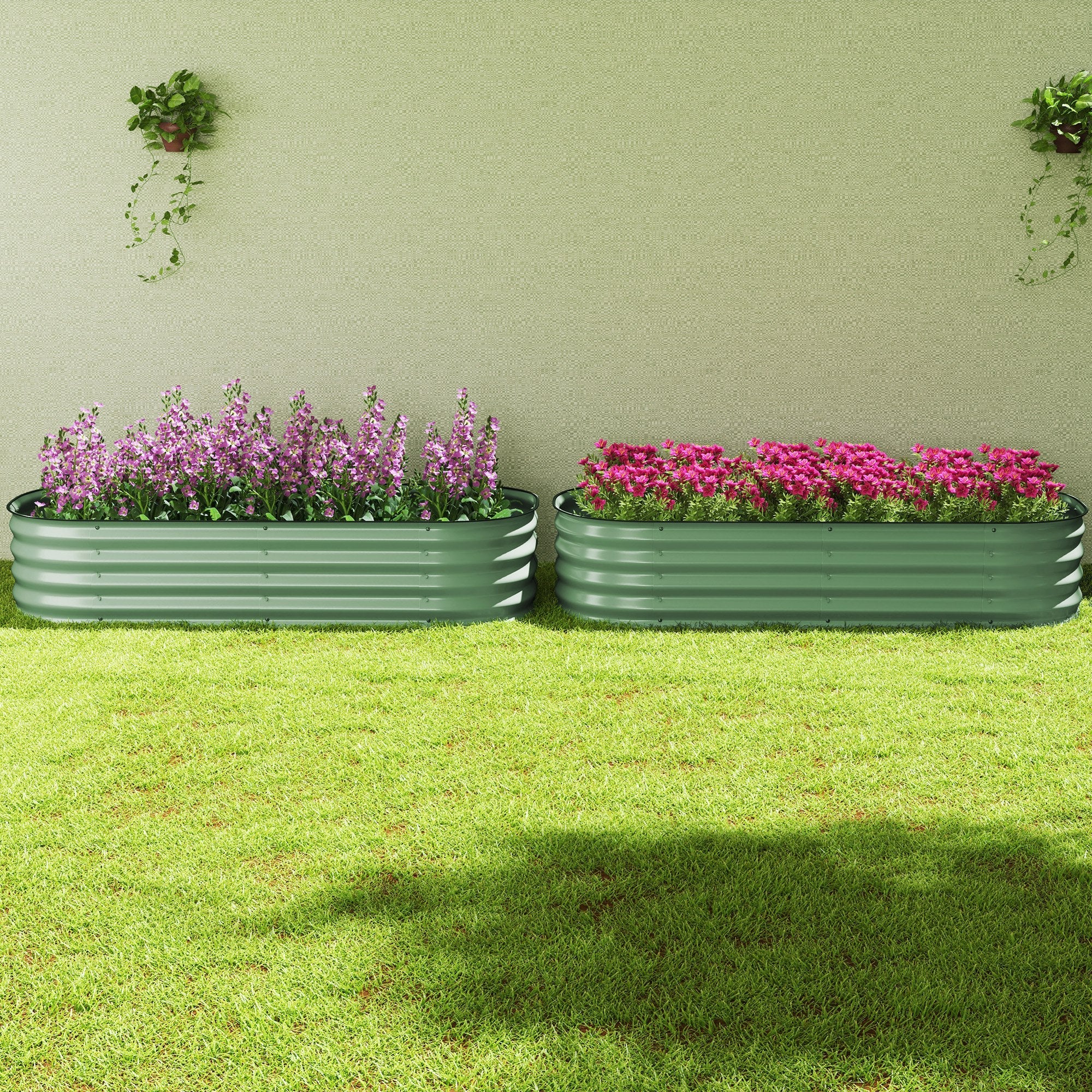 Outsunny Galvanised Raised Garden Bed, Metal Planter Box with Safety Edging, for Flowers, Herbs, Succulents, Pack of 2, Green