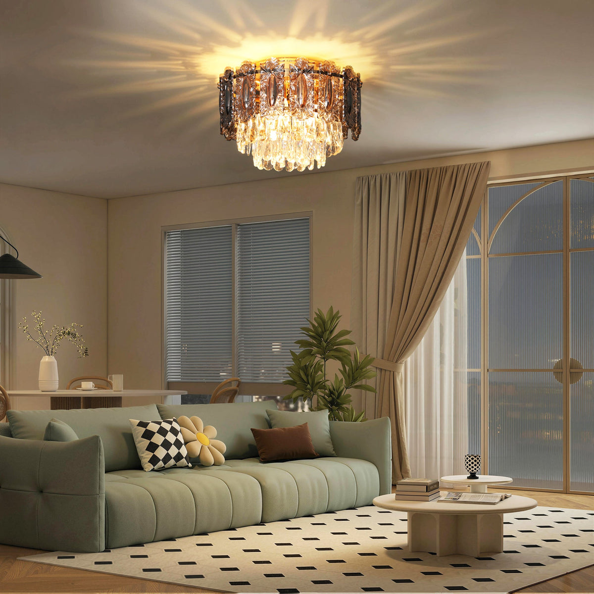 HOMCOM Chandelier Ceiling Light, 3-Light Flush Mount Fixture with Dual Crystal and Smoke Glass Shade, 40 cm LED Ceiling Light for Living Room Bedroom, 3 E14 Sockets, Bulbs Not Included, Gold Tone