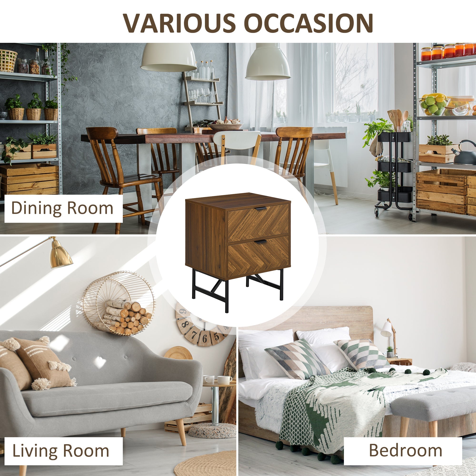 HOMCOM Bedside Table Set of 2 with 2 Drawers, Modern Side Tables with Herringbone Pattern and Metal Legs for Bedroom, Living Room, Walnut Brown