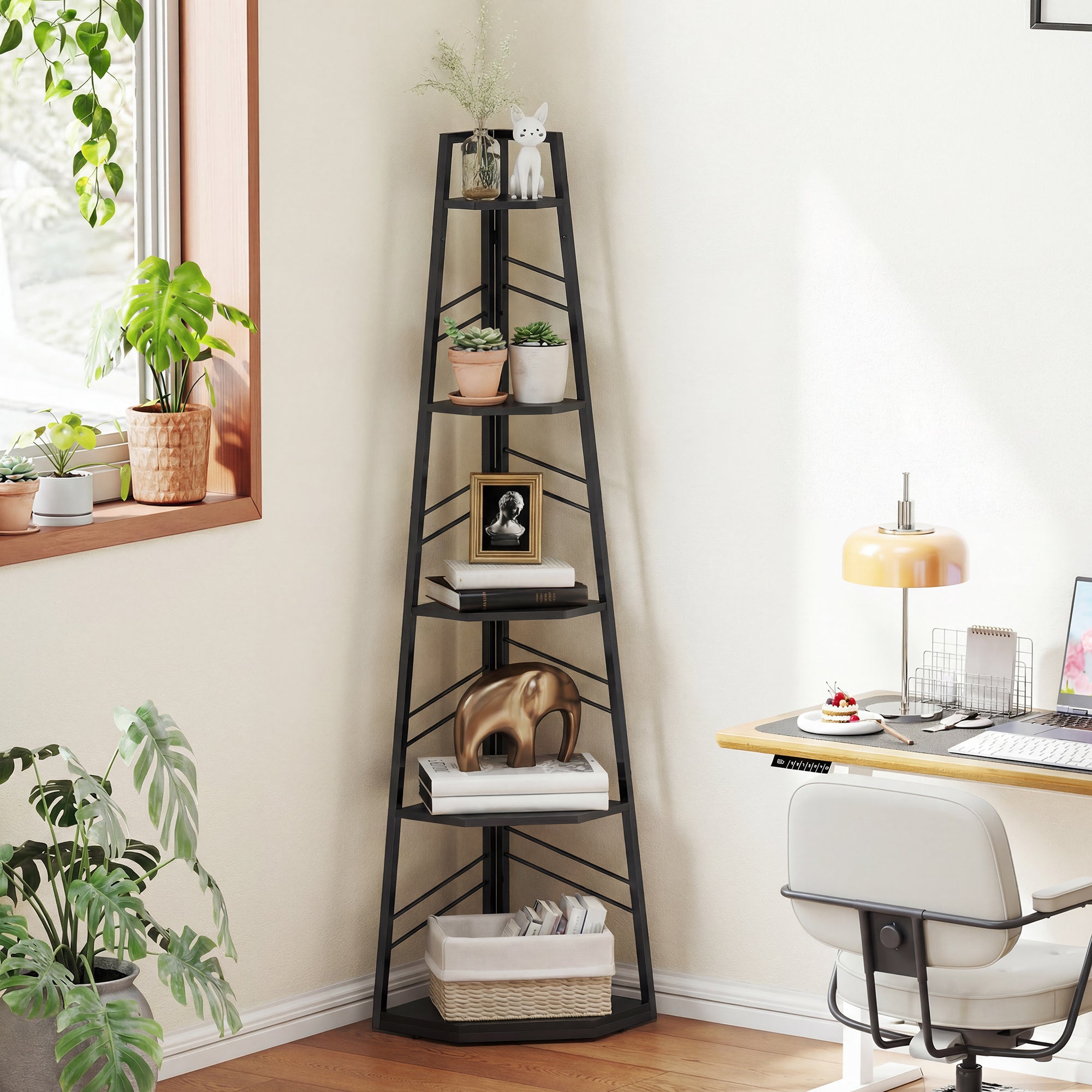 HOMCOM Corner Bookcase, 5-Tier Floor Standing Bookshelf, Shelving Unit for Living Room, Study, Bedroom, Black