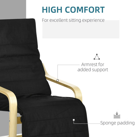 HOMCOM Wooden Lounging Chair Deck Relaxing Recliner Lounge Seat with Adjustable Footrest & Removable Cushion Cover, Black