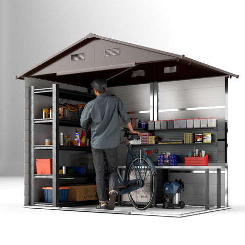 Outsunny 8 x 6ft Garden Storage Shed with Sliding Door - Brown Wood Effect