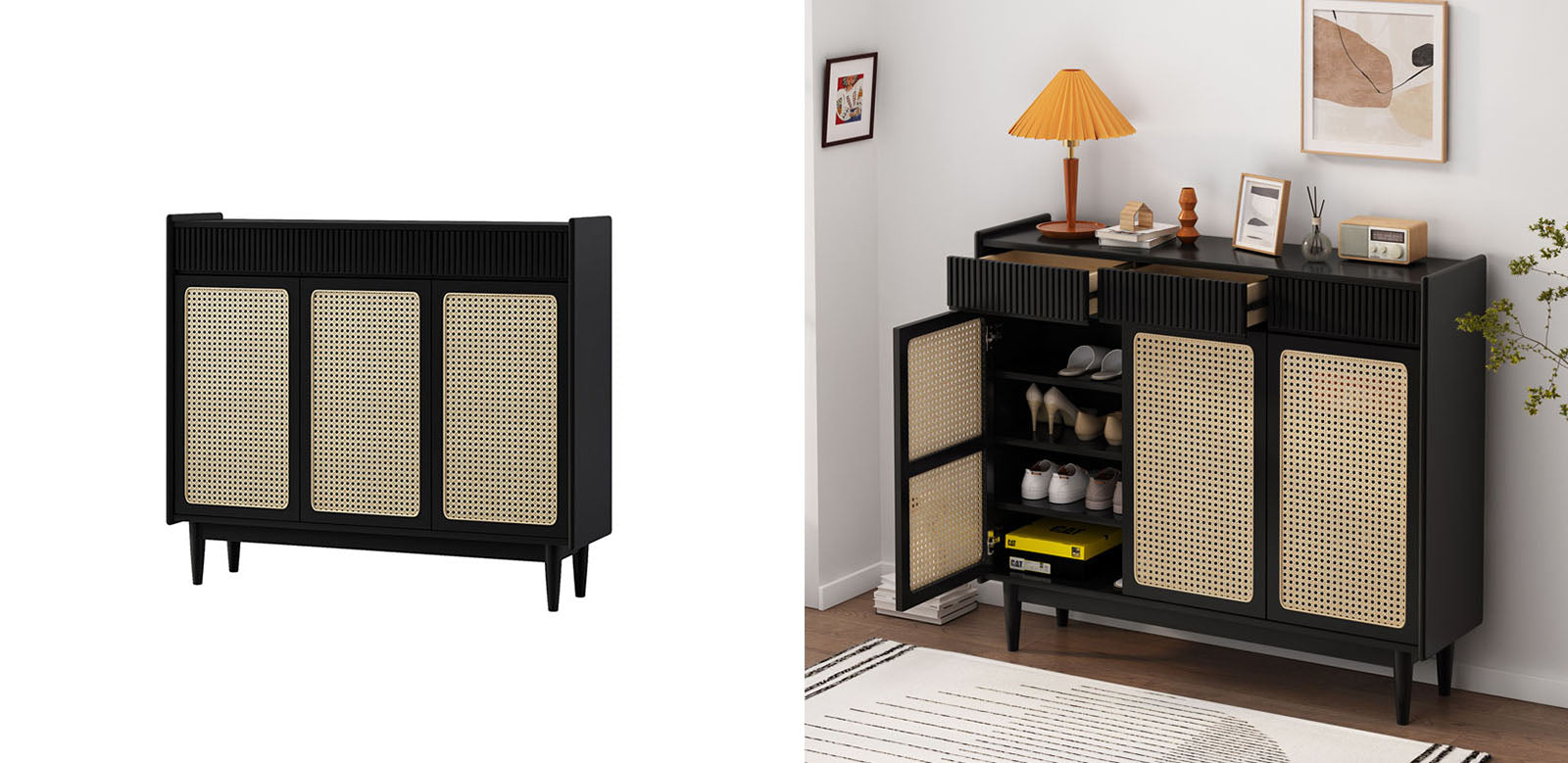 Merton Rattan Shoe Storage With Drawer, Black