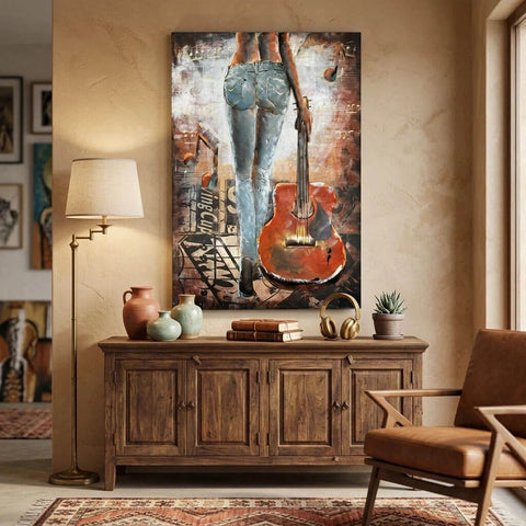 Handcrafted Woman with Guitar Back View 3D Metal Wall Art Home Decor Living Room Wall Decor