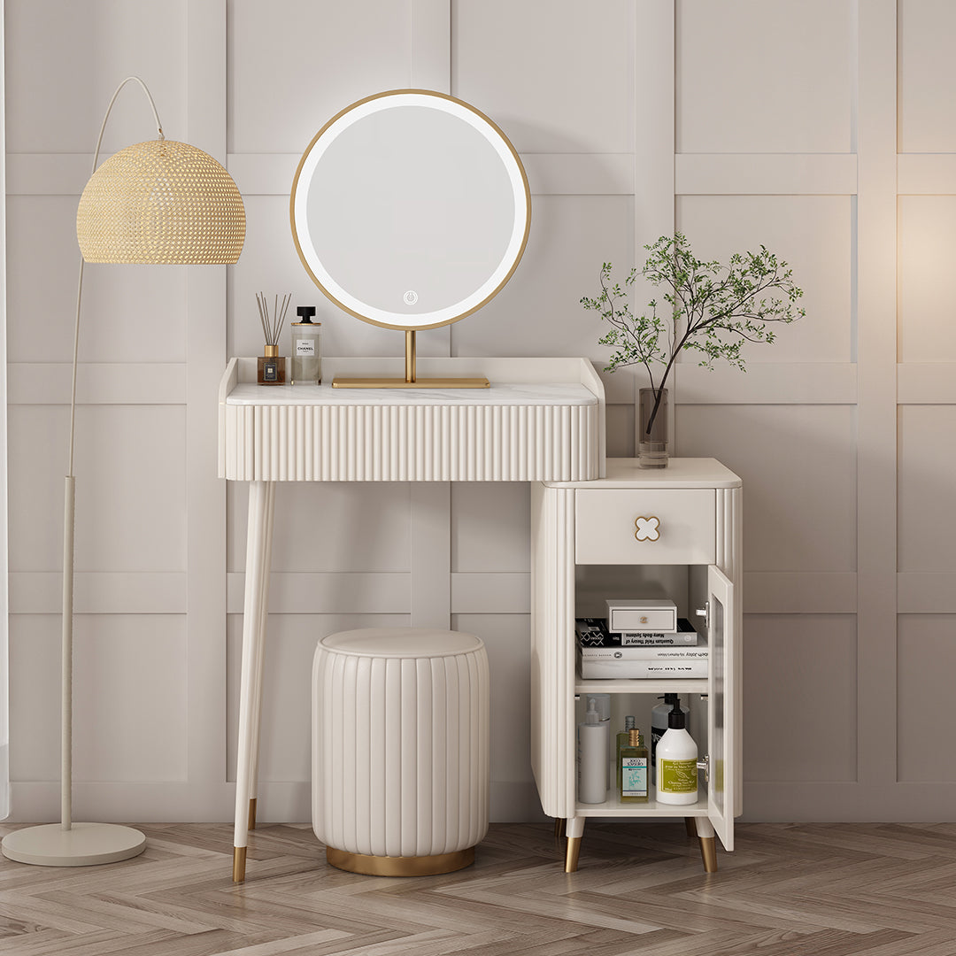 Asante Small Dressing Table With Side Cabinet & LED Mirror, Cream