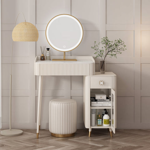 Asante Small Dressing Table With Side Cabinet & LED Mirror, Cream