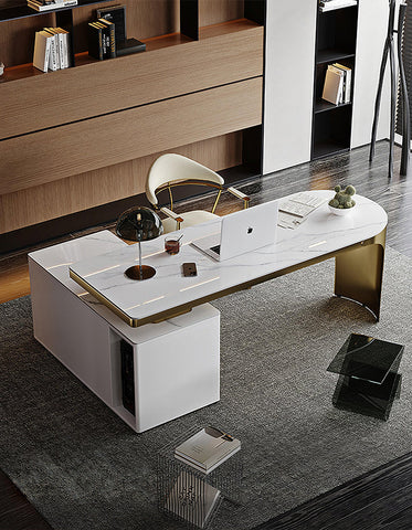 Abdi Corner Office Desk With Storage, Sintered Stone