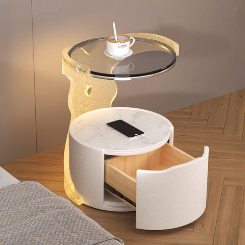 Hutton Round Bedside Table With Storage & Light Strip