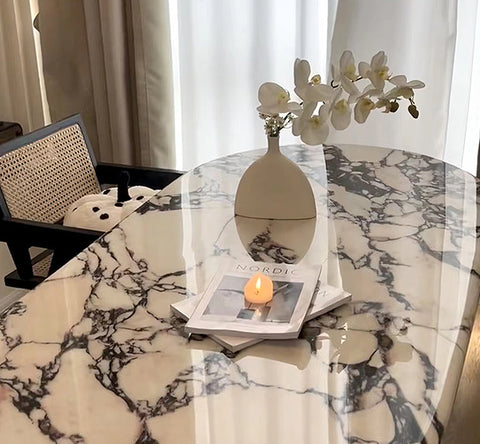 Amina Oval Dining Table, Solid Wood & Marble