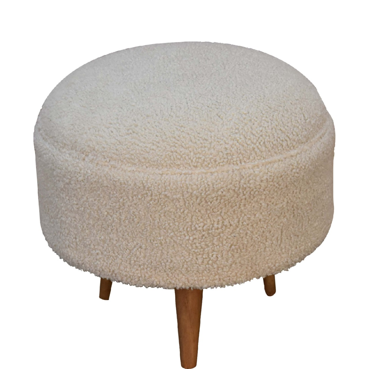 Artisan Furniture Solid Mango Wood Cream Boucle Rounded Footstool