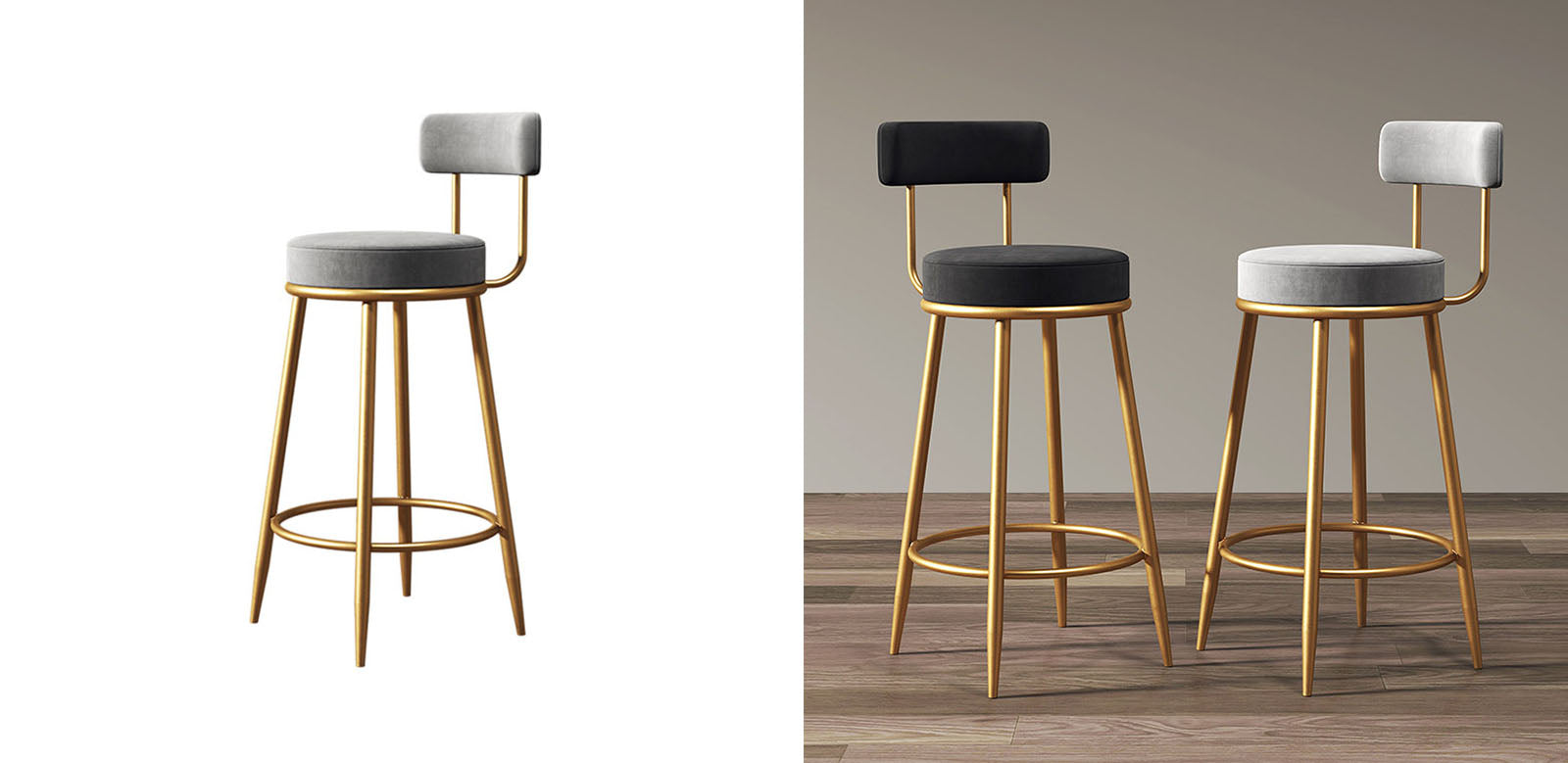 Gregary Bar Stool, Velvet, Gold Leg