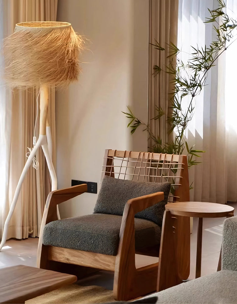 Delaney Retro Armchair, Solid Wood & Rattan
