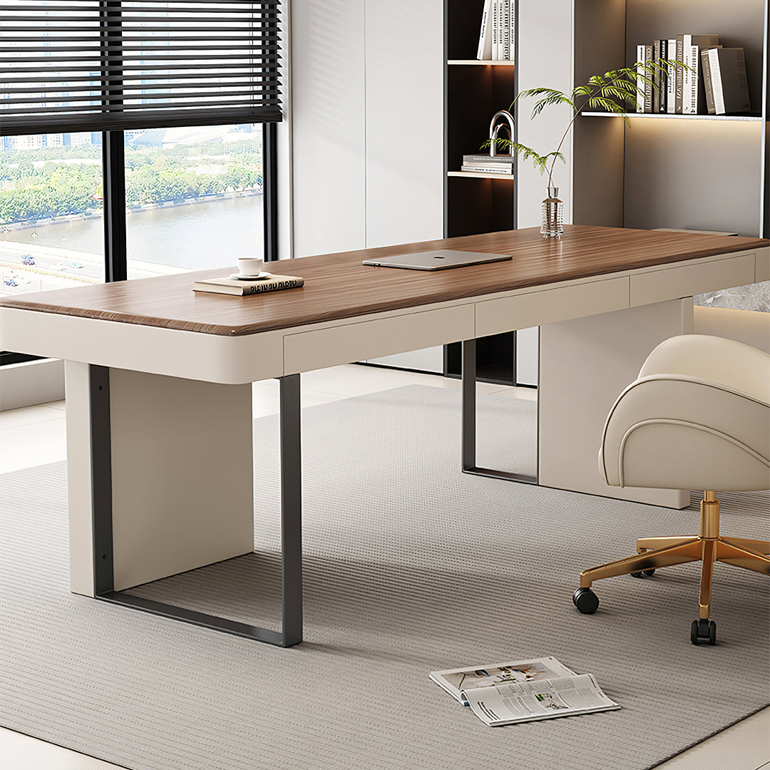 Elena Modern Office Desk, Wood, Cream & Walnut