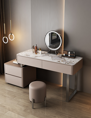 Natalia Antique Dressing Table, Large Chest Of Drawers, With LED Mirror, Solid Wood