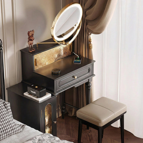 Nguyen Dressing Table With Side Cabinet & LED Mirror, Black