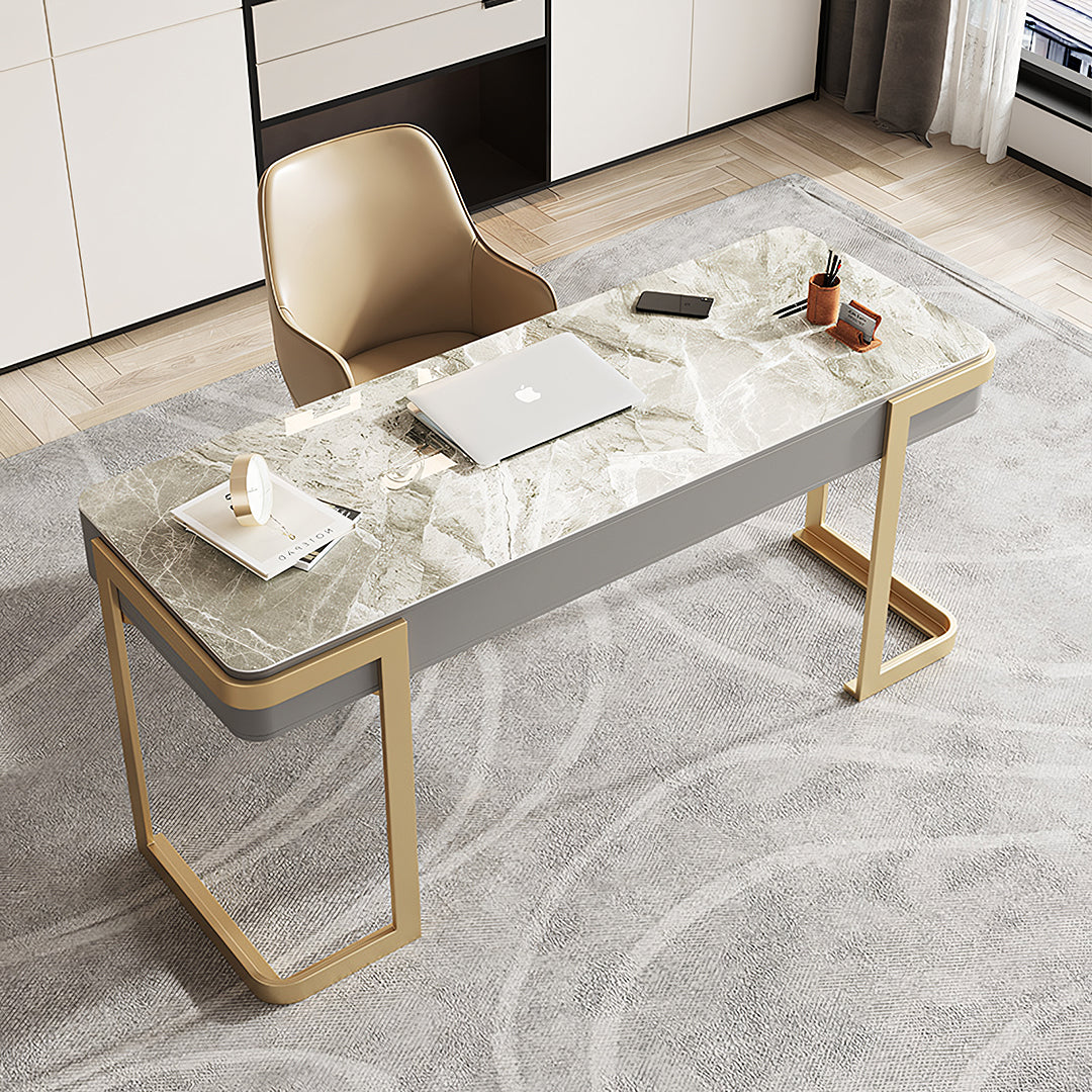 Leila Home Office Desk With Drawers, Grey & Gold