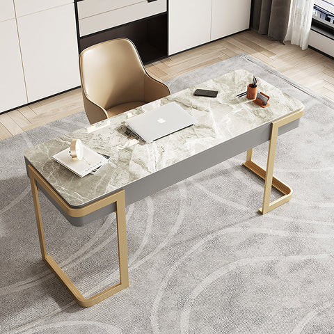 Leila Home Office Desk With Drawers, Grey & Gold