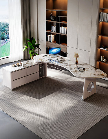 Coelho Corner Office Desk With Storage, Sintered Stone
