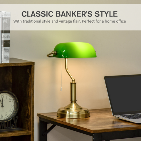 Banker's Table Lamp Desk Lamp w/Antique Bronze Base, Glass Shade and Pull Rope