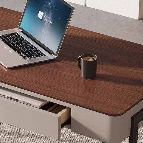 Amir Office Desk With Storage Drawers, Cream & Walnut