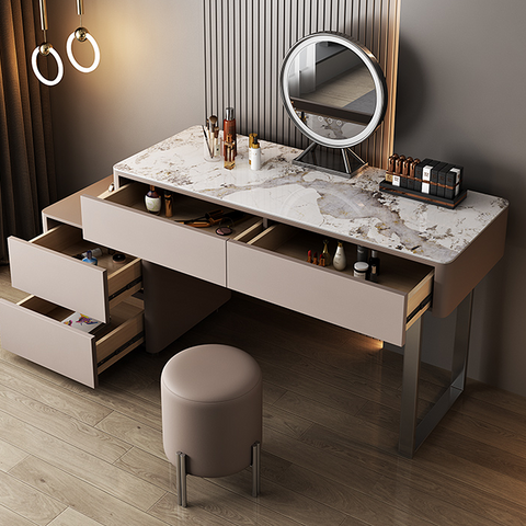 Natalia Antique Dressing Table, Large Chest Of Drawers, With LED Mirror, Solid Wood