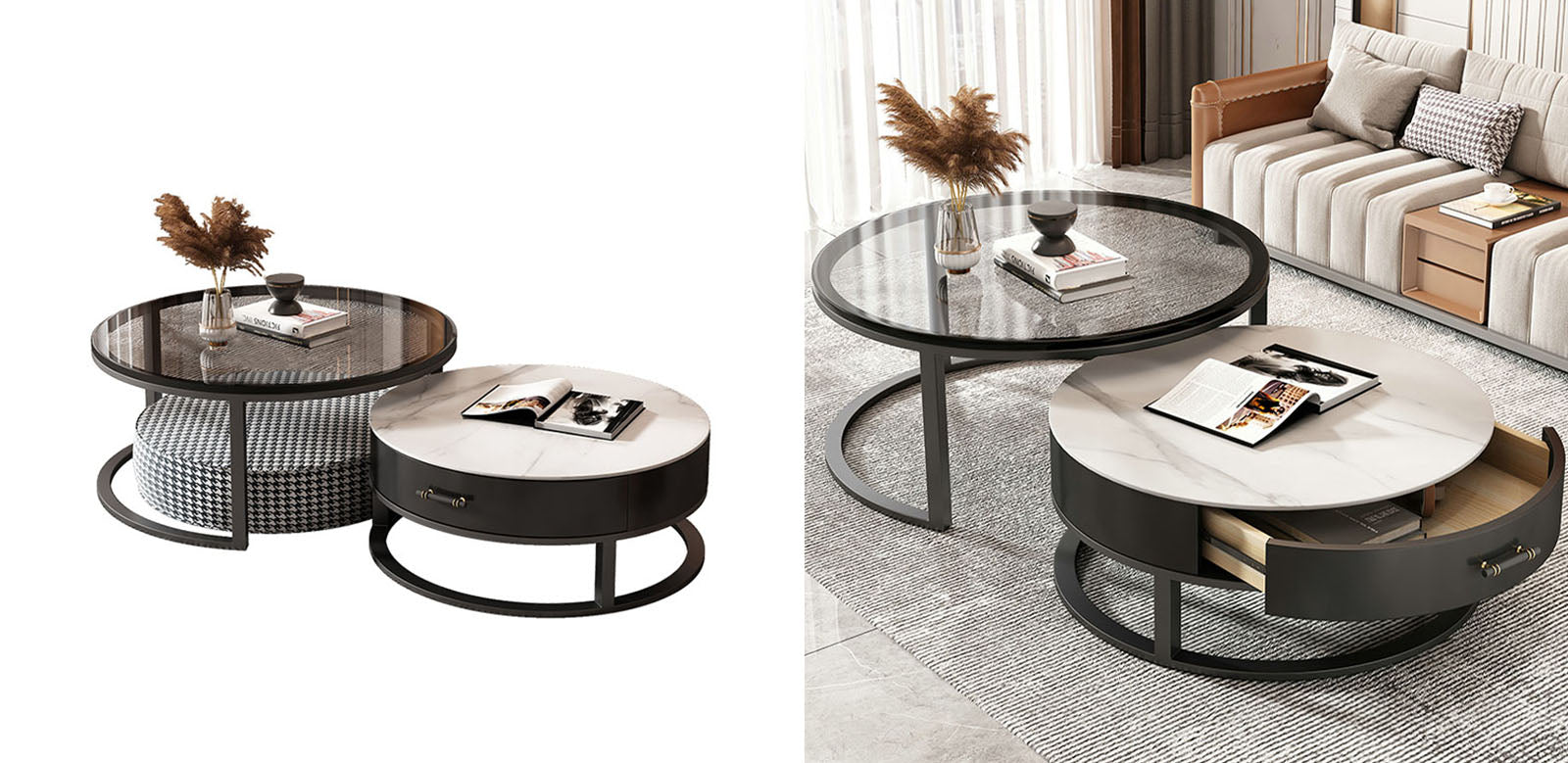 Kev Nesting Coffee Table With Ottoman, Glass