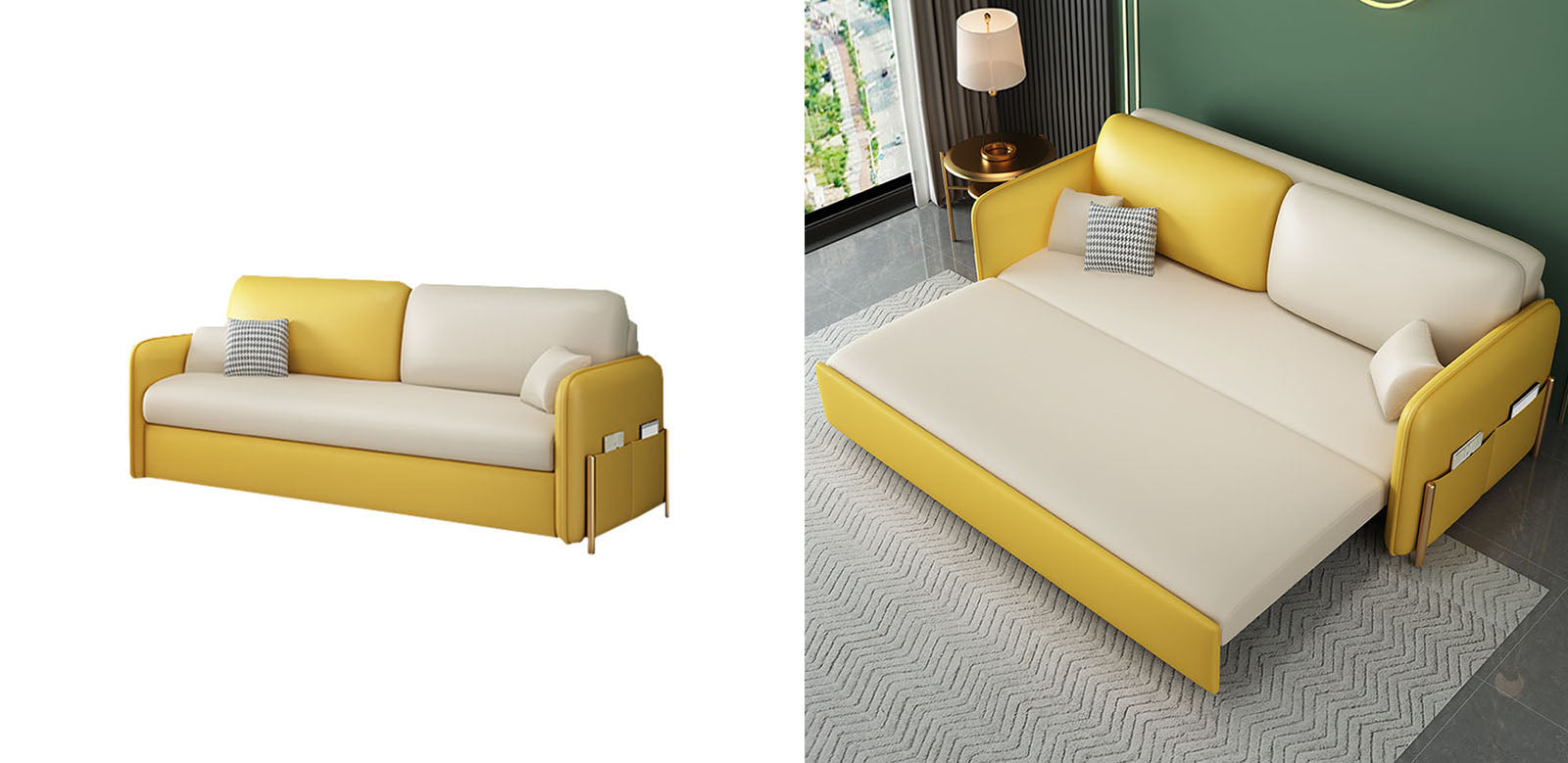 Burke Two Seater Sofa Bed, Yellow and White