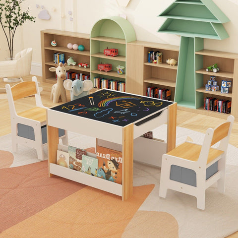 4 in 1 Kids Table and Chairs Set with Reversible Tabletop and Bookshelves-Grey