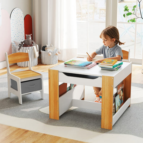 4 in 1 Kids Table and Chairs Set with Reversible Tabletop and Bookshelves-Grey