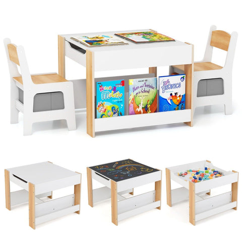 4 in 1 Kids Table and Chairs Set with Reversible Tabletop and Bookshelves-Grey