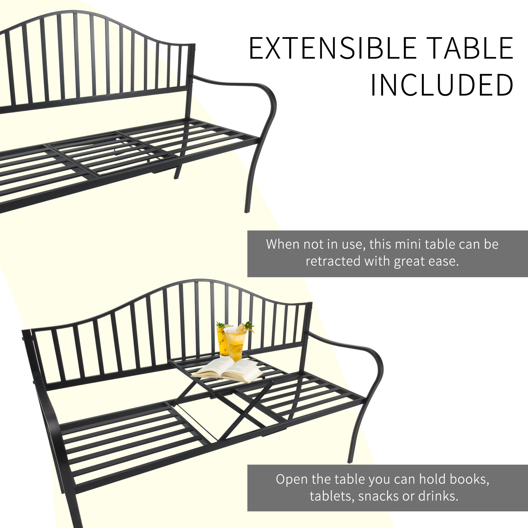 Outsunny Metal Bench W/Table,  150Lx53Wx95H cm