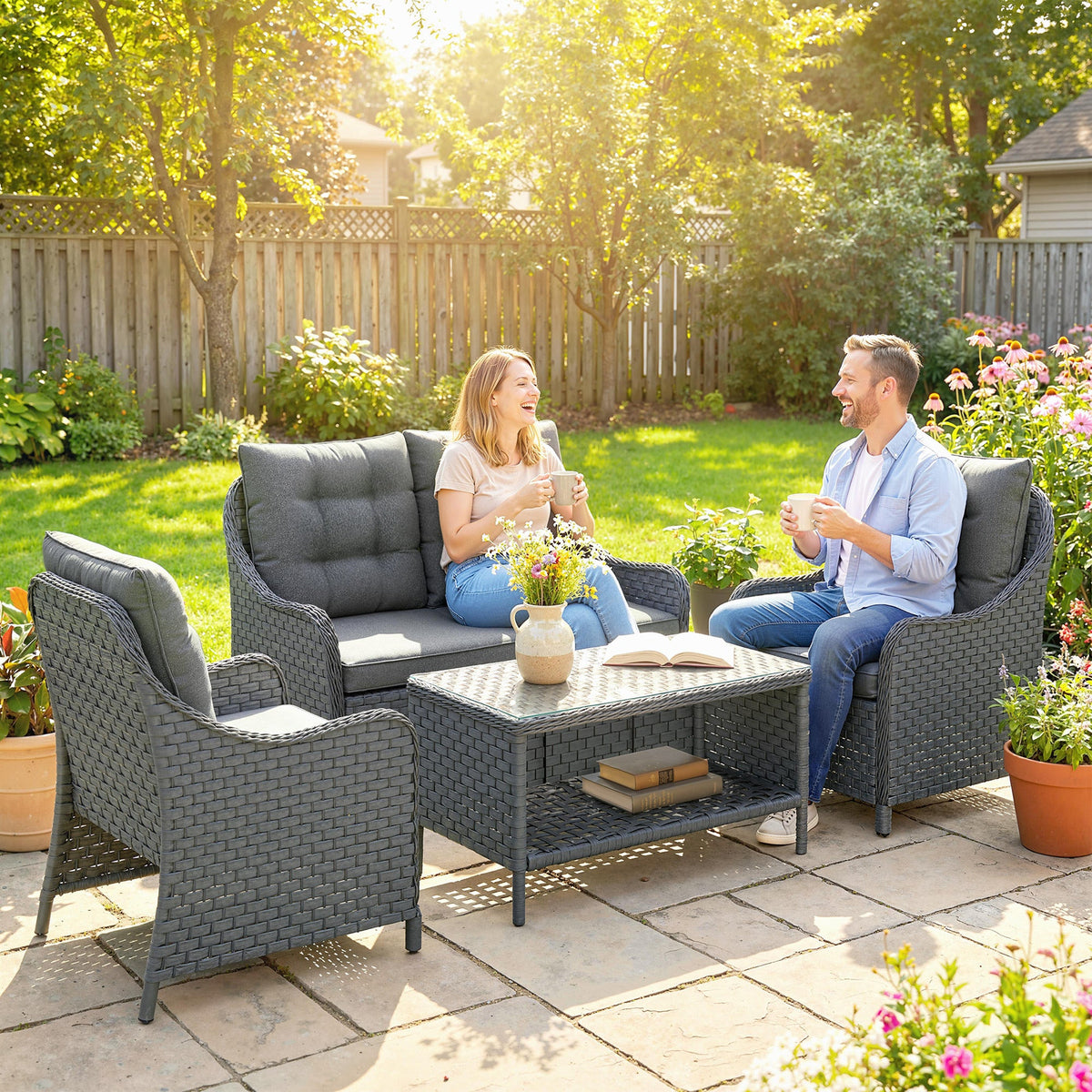 Outsunny 4-Piece Wicker Patio Furniture Set with 2 Armchairs, Loveseat, Glass Coffee Table, Conversation Sofa Set, Dark Grey