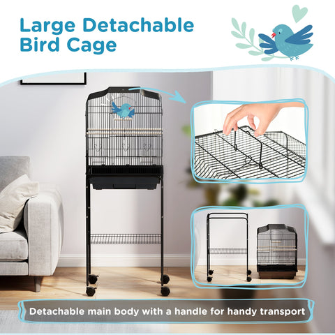 PawHut Bird Cage Budgie Cages for Finch Canary Parakeet with Stand Wheels Slide-out Tray Accessories Storage Shelf, Black