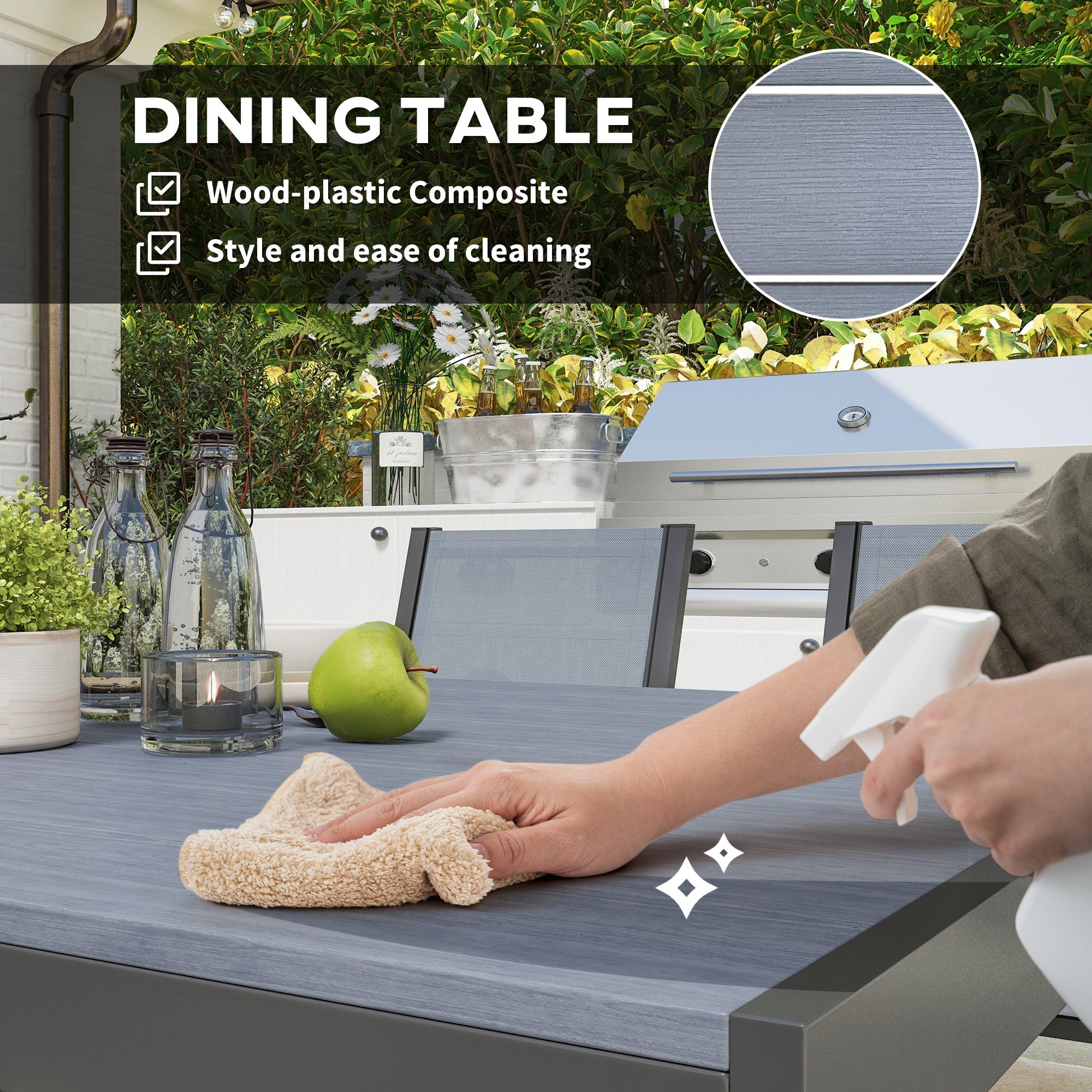 Outsunny Seven-Piece Garden Dining Set, with Plastic Wood-Top Table - Grey
