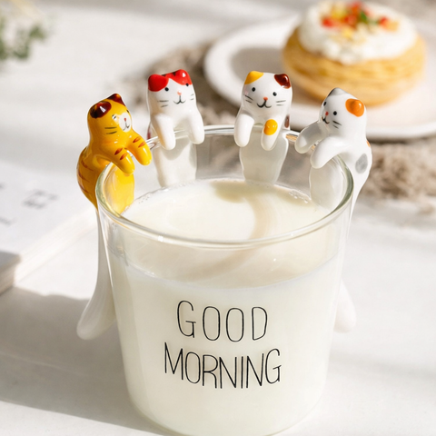 Ceramic Cat Shaped Tea Spoon Set – 4 Colors, Hang-on Cup Design
