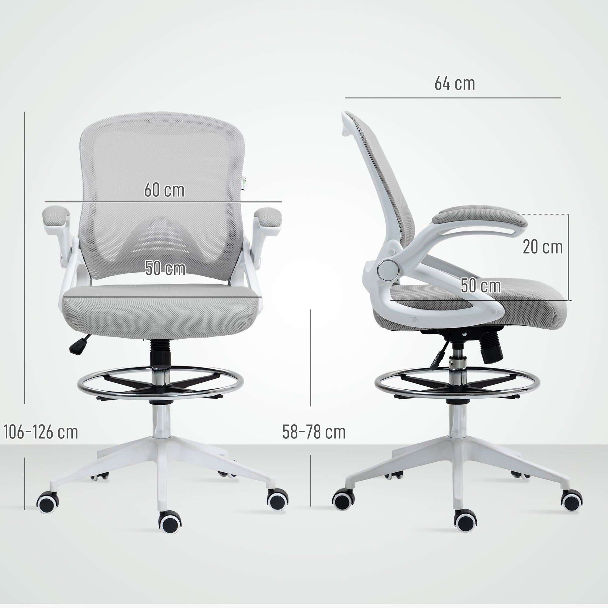 Vinsetto Drafting Chair with Flip-up Armrest, Mesh Office Stool with Foot Ring, 360° Swivel Height Adjustable Chair for Standing Desk, Light Grey