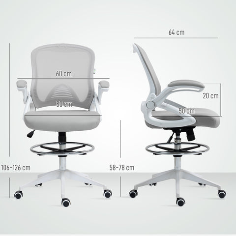 Vinsetto Drafting Chair with Flip-up Armrest, Mesh Office Stool with Foot Ring, 360° Swivel Height Adjustable Chair for Standing Desk, Light Grey