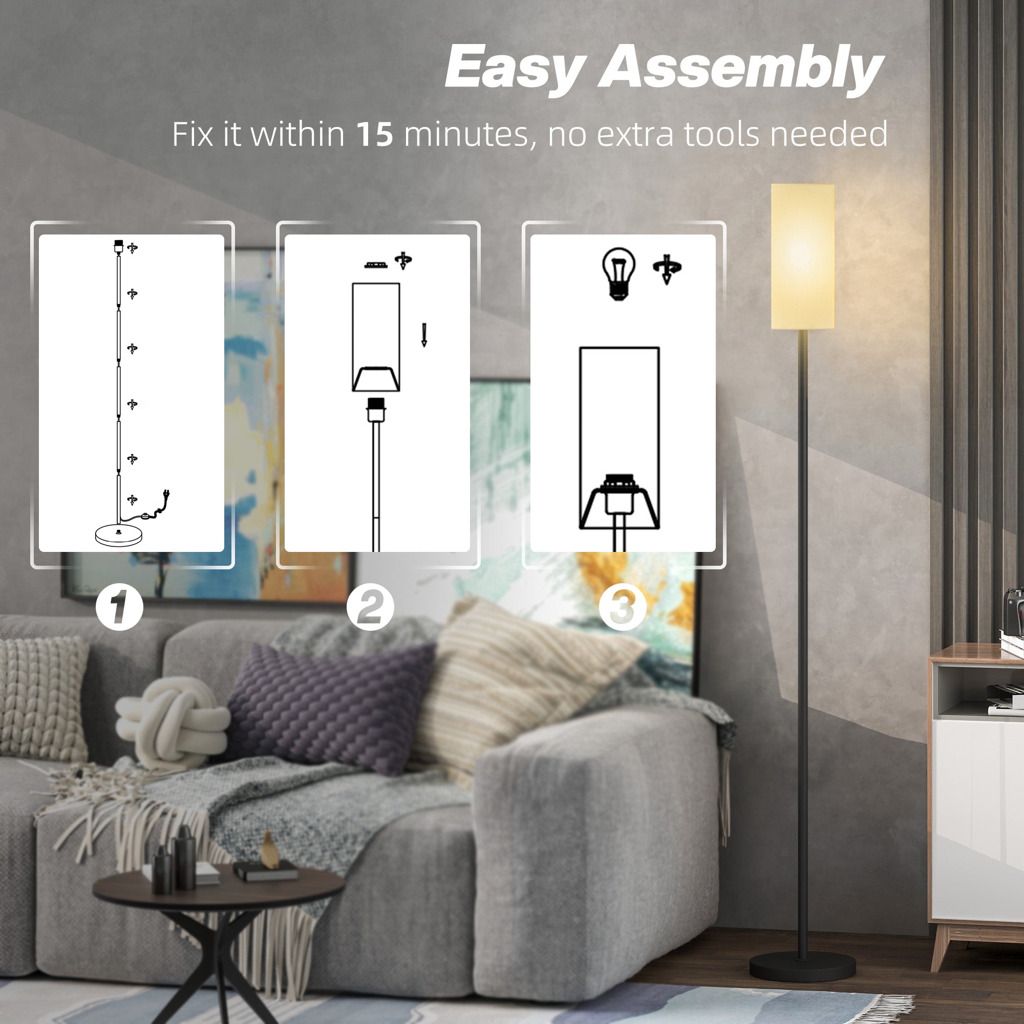 HOMCOM Floor Lamp for Living Room, Modern Standing Lamp with Linen Shade & Foot Switch, Minimalist Tall Pole Lampshade for Bedroom, Office, White