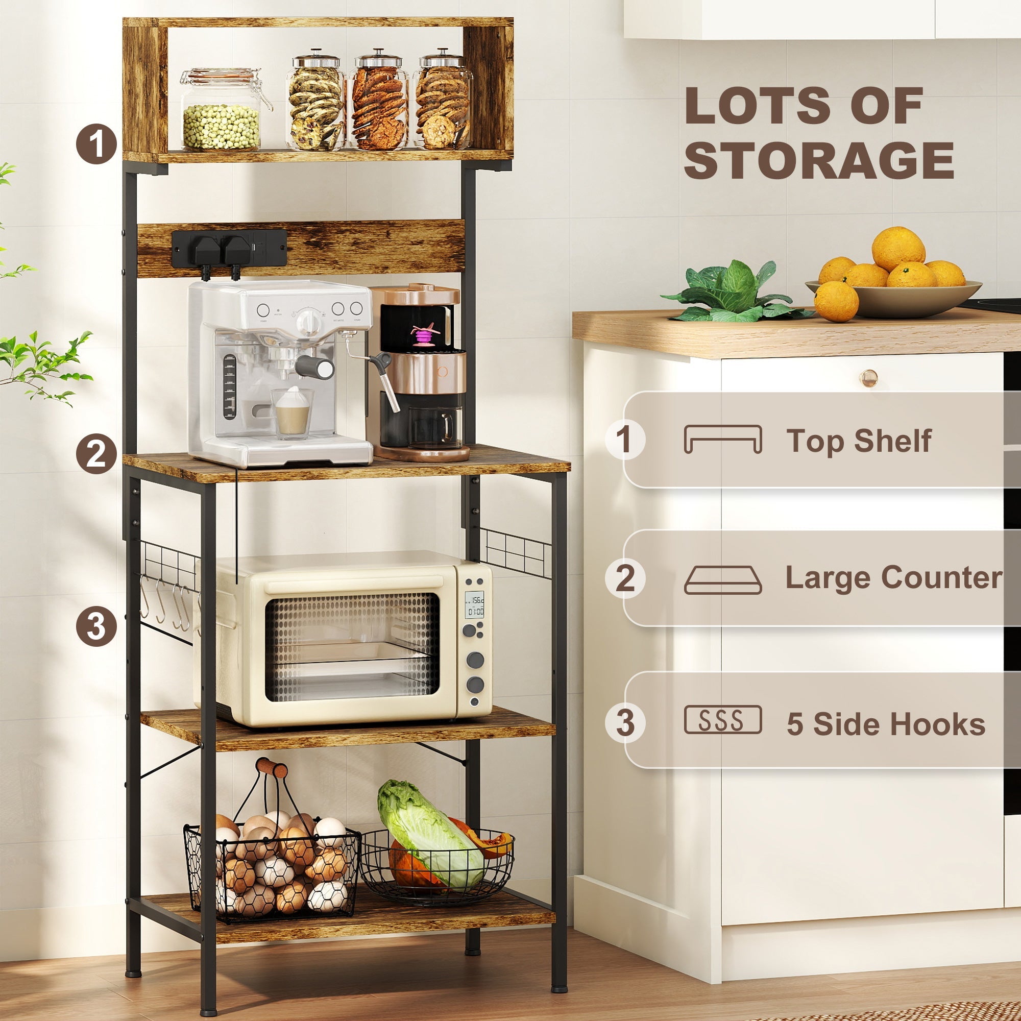 HOMCOM Kitchen Storage Rack, Bakers Rack with Power Outlet, USB Charger, Rustic Brown