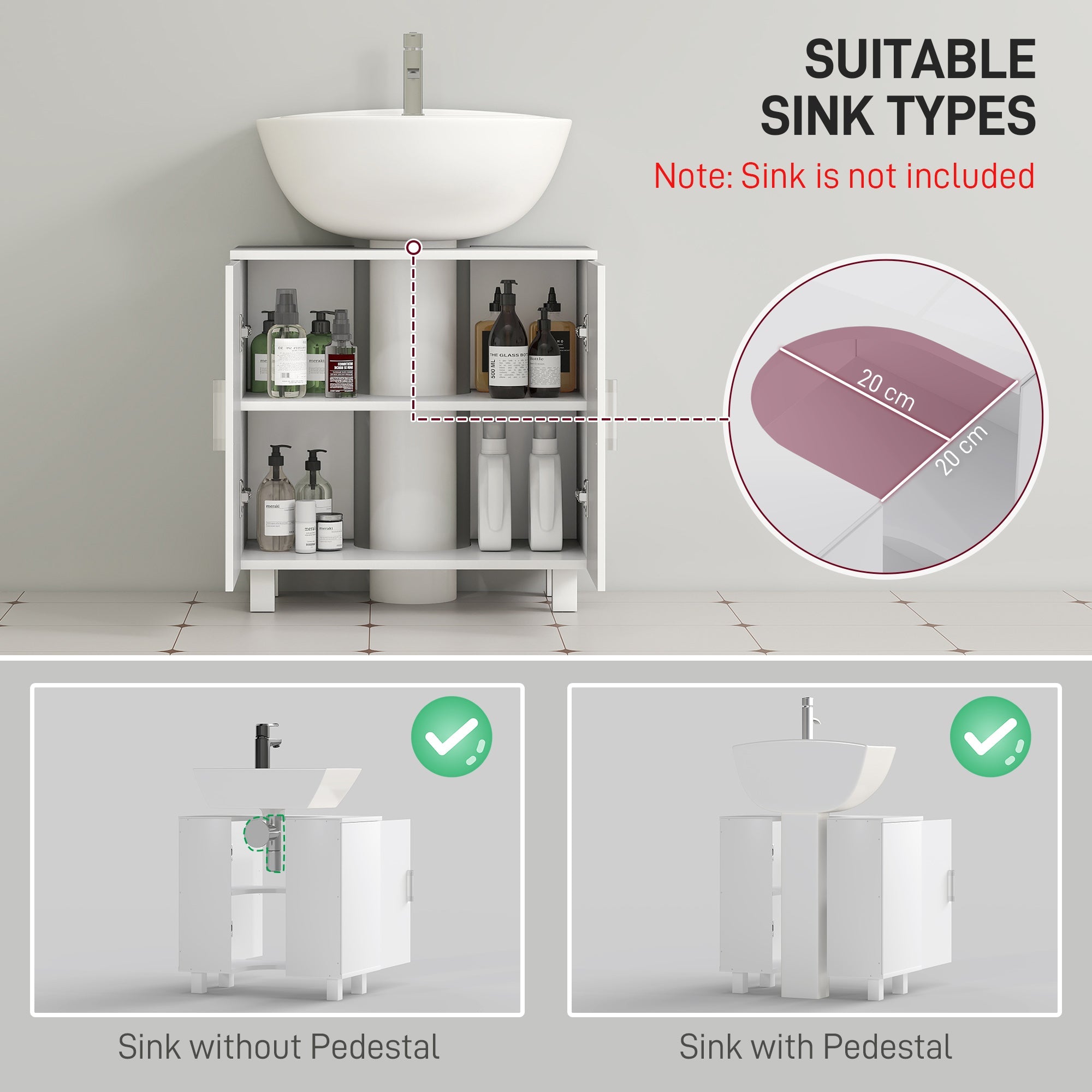 HOMCOM Bathroom Under Sink Cabinet for Basin without or with Pedestal - High Gloss White