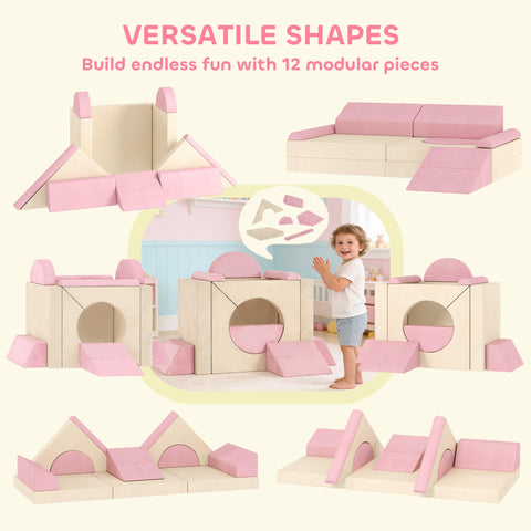 AIYAPLAY Kids Play Sofa, 12 Pieces Foam Modular Soft Play Set for Playroom, Children Convertible Sofa for Boys and Girls, Pink