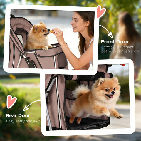 PawHut Dog Pram, Pet Stroller with Reflective Strips, Foldable Cat Stroller with 360° Swivel Wheels, Brown