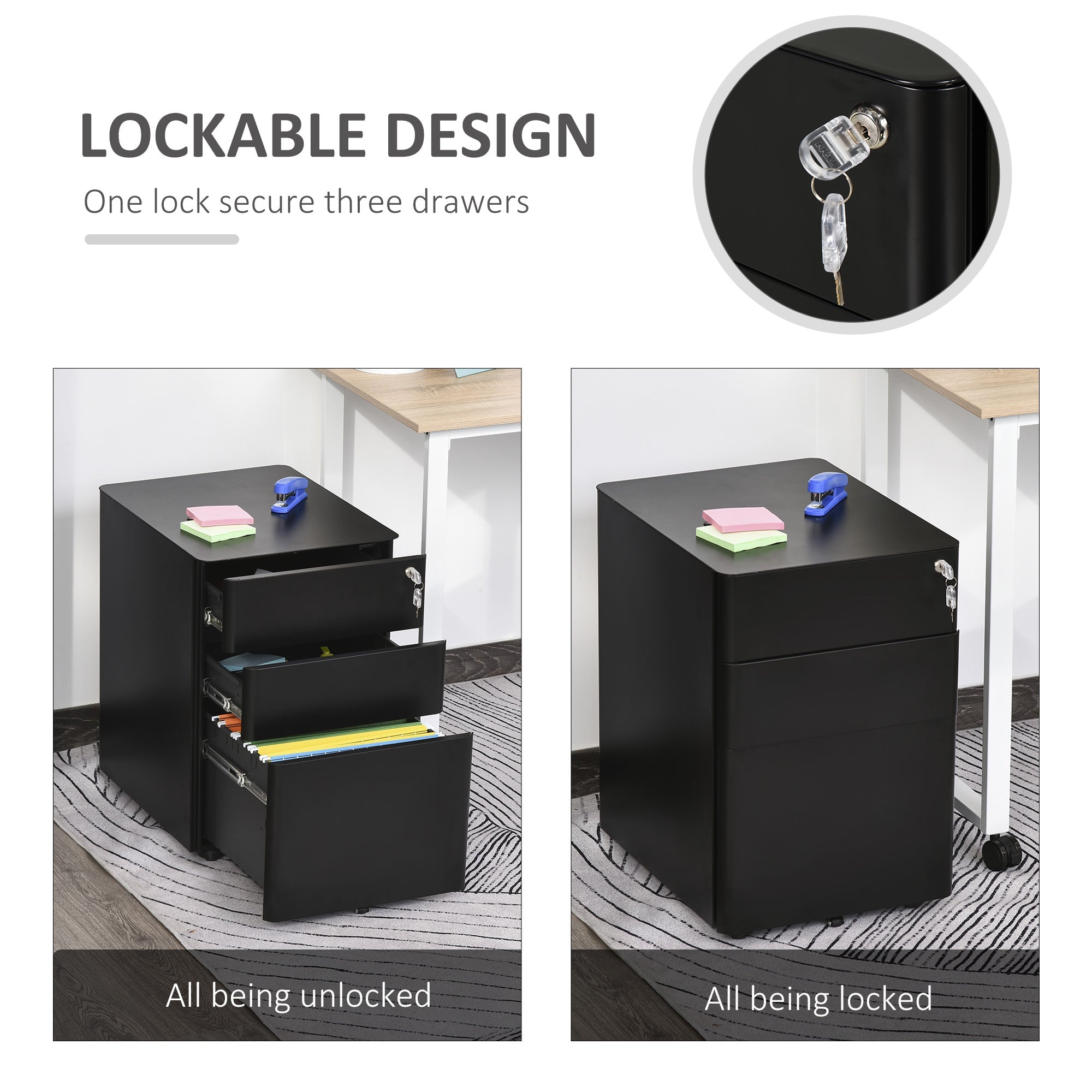 Vinsetto Lockable Cabinet, Rolling Filing Cabinet with 3 Drawers, Steel Office Drawer Unit for A4, Letter, Legal Sized Files