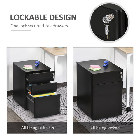 Vinsetto Lockable Cabinet, Rolling Filing Cabinet with 3 Drawers, Steel Office Drawer Unit for A4, Letter, Legal Sized Files