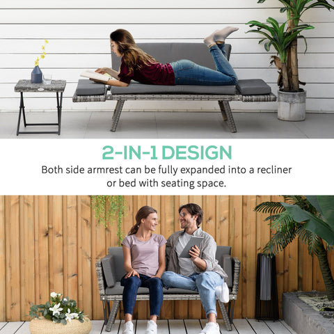 Outsunny 2 Seater Rattan Sofa with Cushions, 2-in-1 PE Rattan Daybed Sofa with Left Up or Down Armrests, Garden Chaise Lounger Loveseat for Outdoor, Patio, Mixed Grey